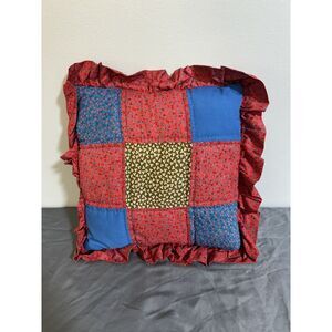 Vintage Patchwork Handmade‎ Pillow Linen Cotton Red &Blue With  Border 14"